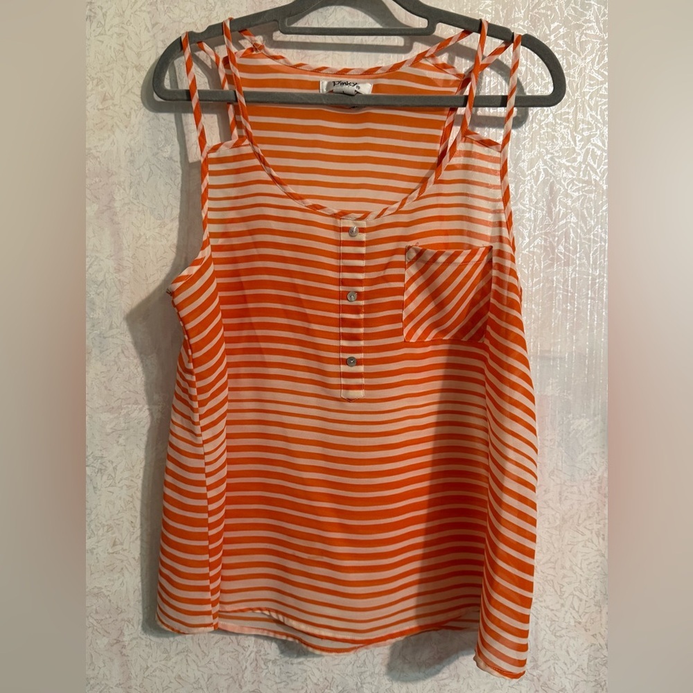 Pinky Women's Semi Sheer Cami Top Double Straps Orange Stripe Size Lg